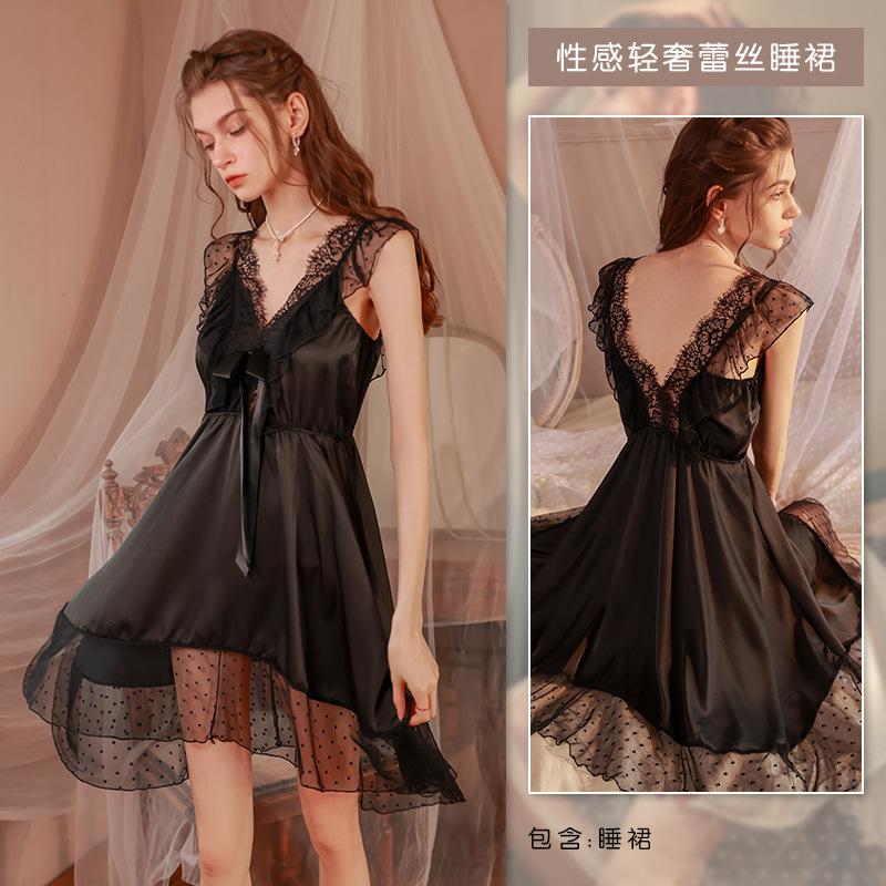 

[Downstream platform explosion] Sexy pajamas women s light luxury ice silk nightgown pure lace loungewear suspender set M чёрный