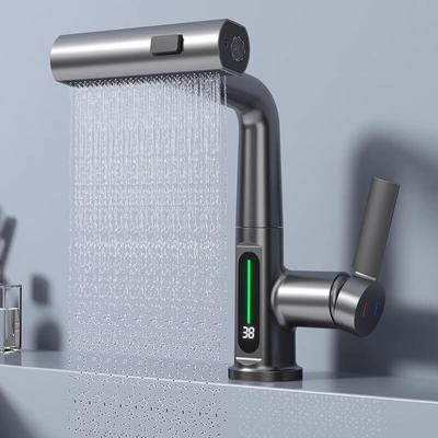 Puxando levantamento display digital torneira da bacia cachoeira fluxo pulverizador de água quente e fria pia misturadora lavagem para banheiro