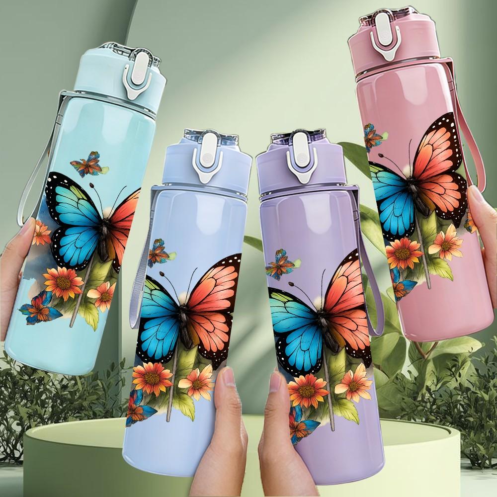 1PC Colorful Butterfly Art 750ml Color Plastic Sports Water Bottle Leakproof Flip Straw Lid Suitable for Sports Office Home Use