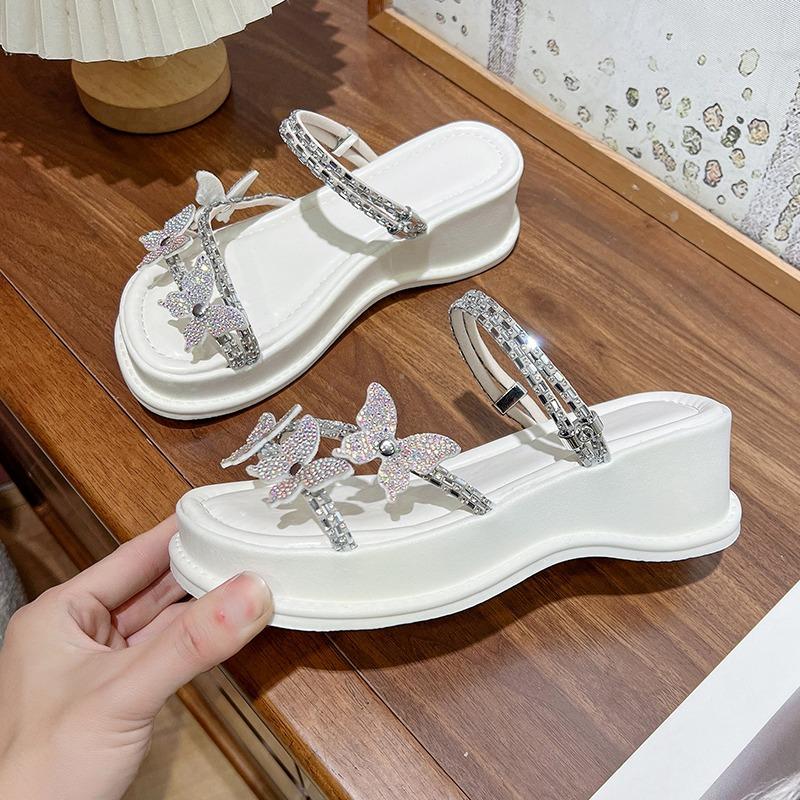 Platform Heightened Sandals Summer Wear New Round Head Rhinestone Butterfly Thin Belt Wedge Two-wear Flip-flops