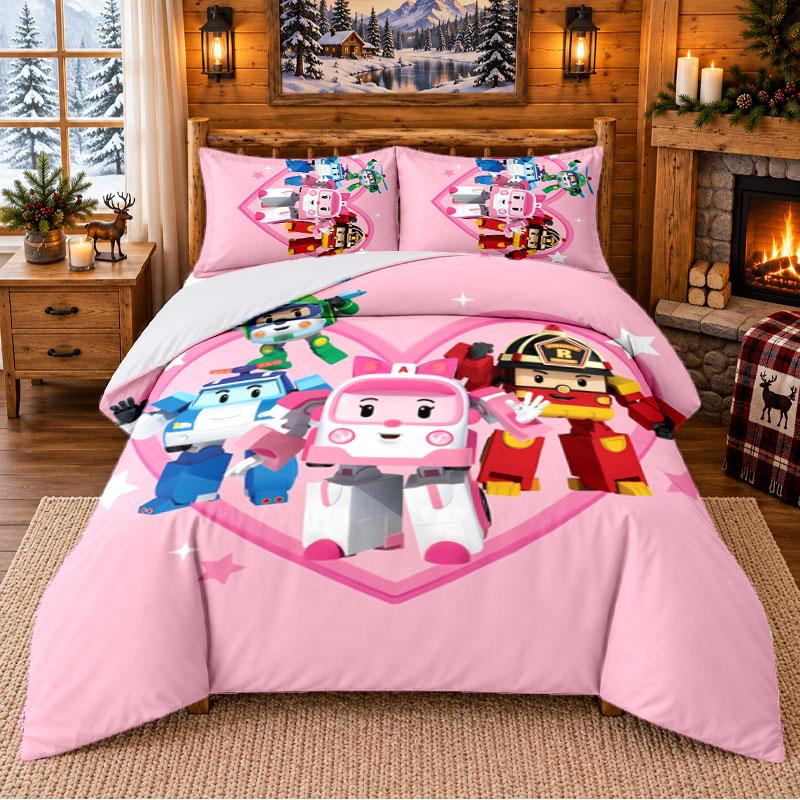 Robocar Poli Pattern Bedding 3Pcs Set Bed Sheet And Pillowcases For Indoor Bedroom