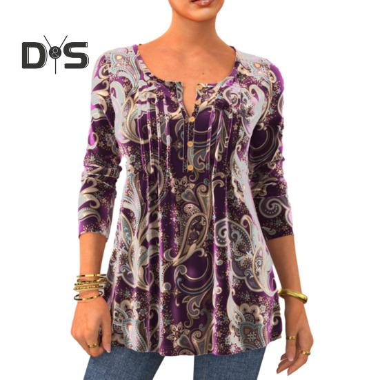 Women Fall Spring Top Vintage Print Round Neck Long Sleeve Button Mid Length A line Soft Pullover Lady Daily Blouse T shirt