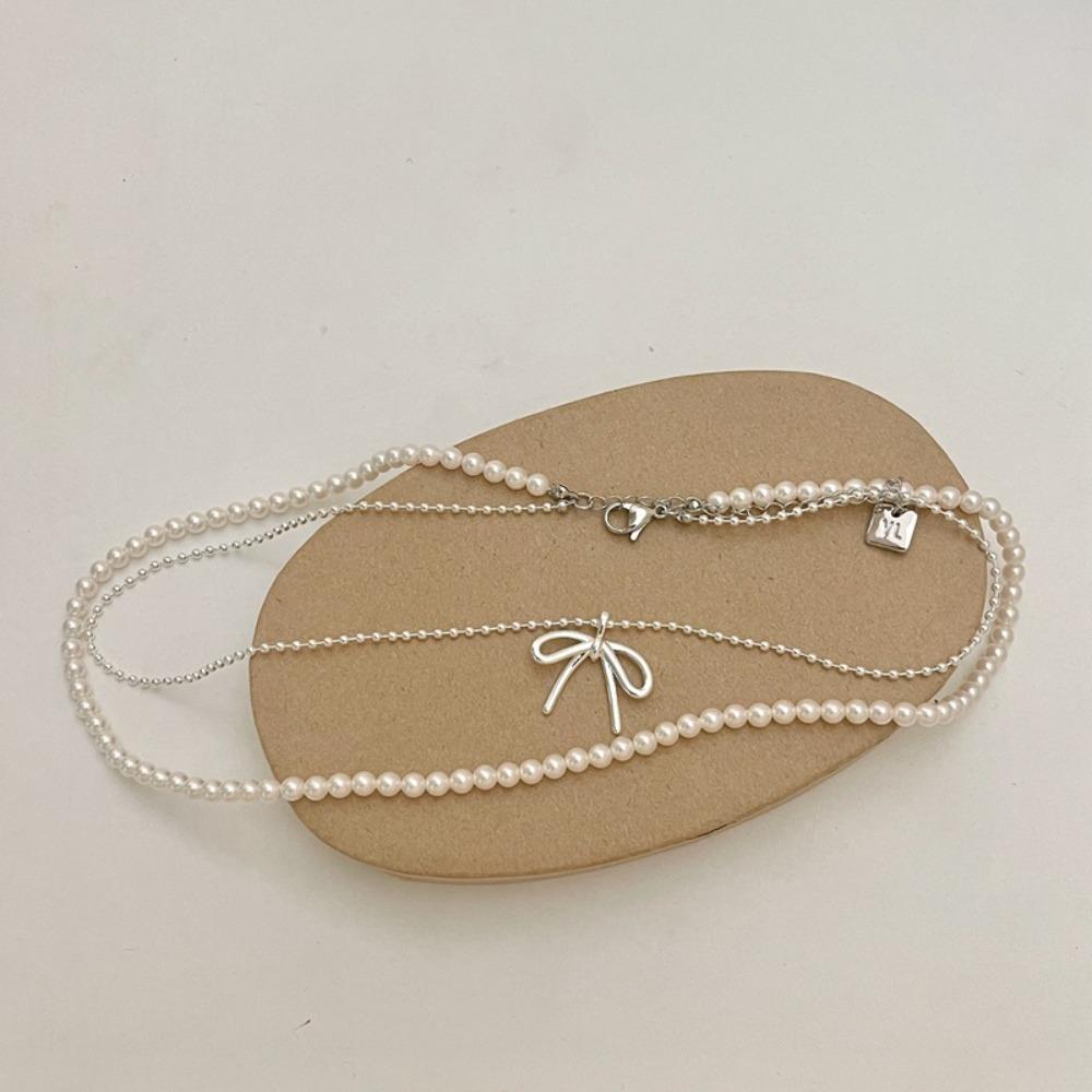 Bowknot Pearl Necklace Round Shape Collarbone Chain Simplicity Jewelry Accessories