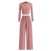 Women's One-piece Set Ribbed Knit Long-sleeve Short Top Wide-leg Pants Casual Loungewear