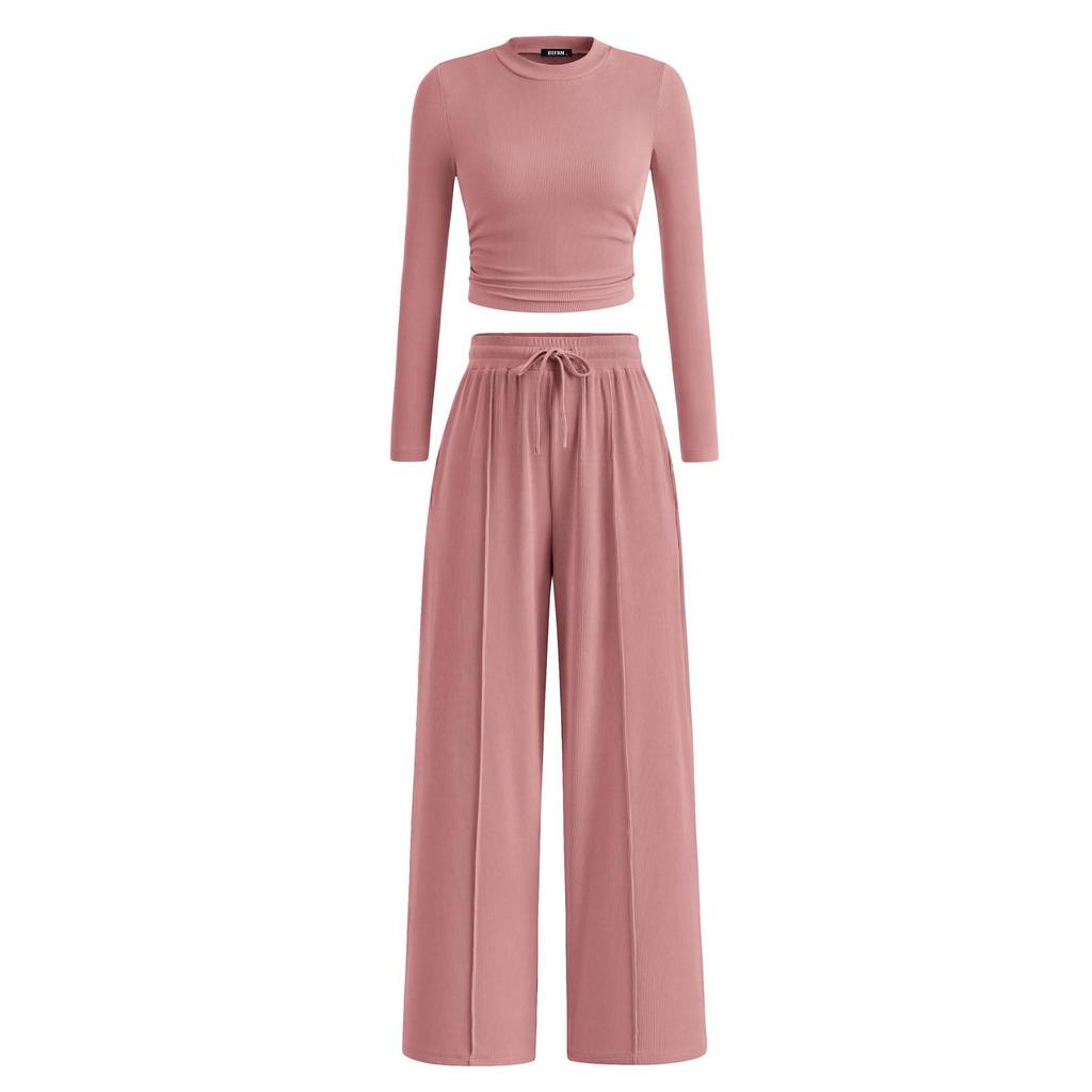 Women's One-piece Set Ribbed Knit Long-sleeve Short Top Wide-leg Pants Casual Loungewear