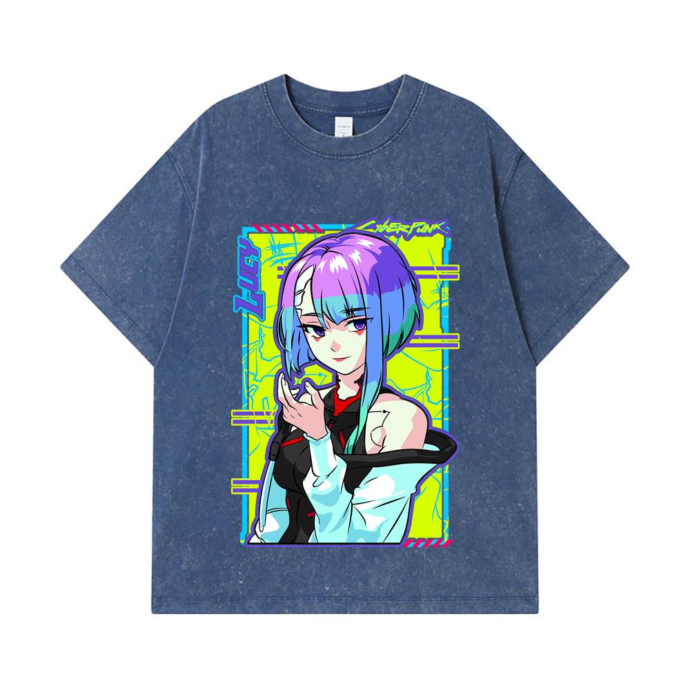 275 GSM Washed T-shirts 100% Cotton Cyberpunk Edgerunners V8 Lucy Print Unisex Heavy Cotton T Shirt