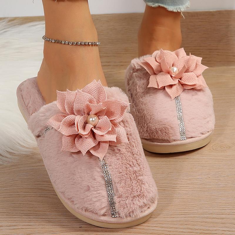 fashion Fashion Flower Decor Furry Slippers Women Crystal Warm Fur Home Cotton Shoes Woman 2024 Winter Comfort Soft Sole Plush Slides