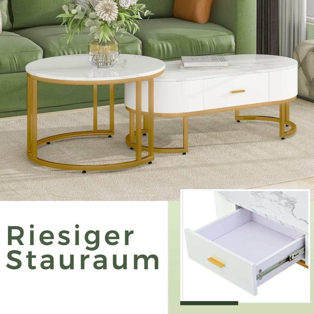 Couchtisch Rund 2er Set Satztische, Moderne Edle Nesting Kaffeetisch Oval Sofatisch Schubladen, Tischplatte Marmormuster, Balkon Büro, Weiß