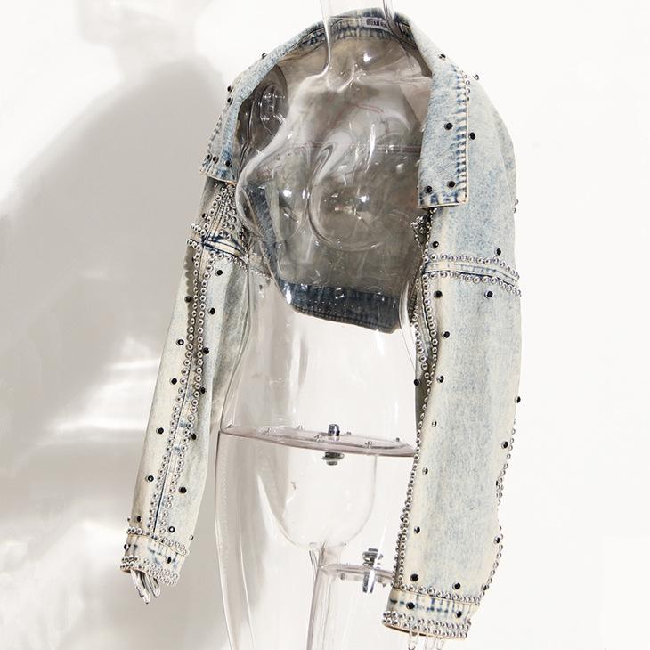 

2025 High-Waisted Washed Denim Jacket with Rhinestone Rivets – Hong Kong Style Small светло-синий