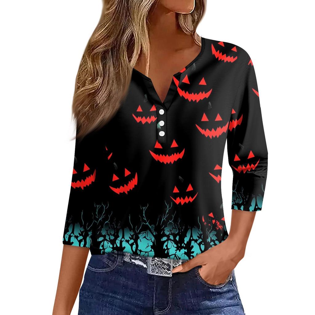 Dames T-shirt Tee Halloween Bedrukt Knoop 3/4 Mouw Tuniek Dagelijks Weekend Mode Basic V-hals Normale Top