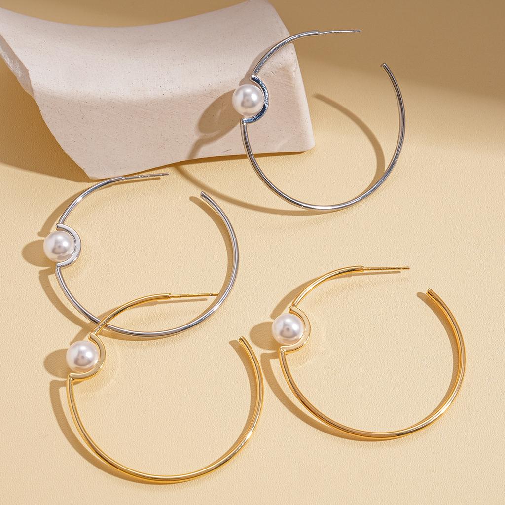 18k real gold electroplated imitation pearl geometric round silver needle earrings simple earrings