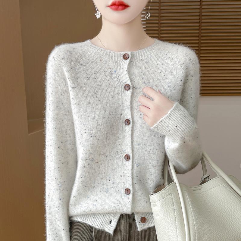 Spring and Autumn's New Wool Cardigan Women's Round-neck Sweater Coat