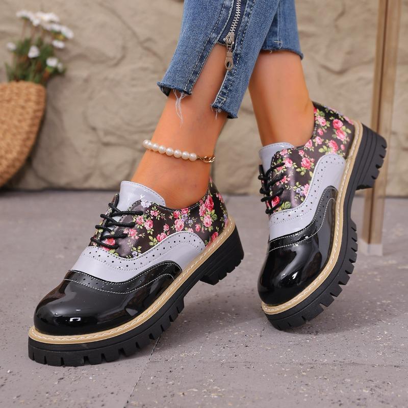 Autumn Printed Low-top Shoes 2025 New Plus-size Lace-up British Style Muffin Small Leather Shoes for Women