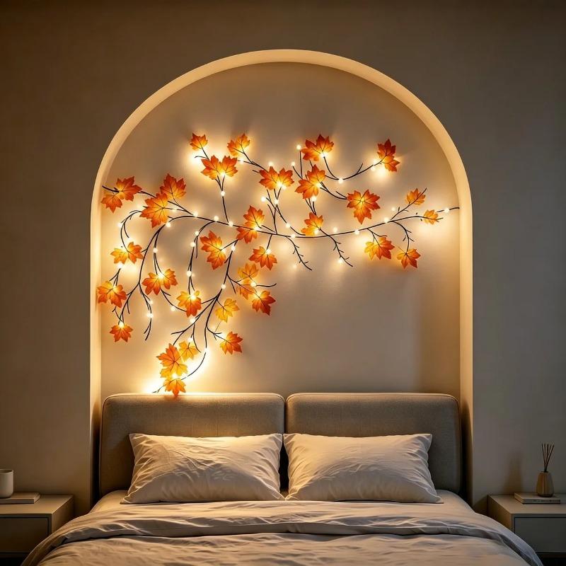 Fall Maple Leaf Vine Lights 48 Warm White USB Bendable Artificial Autumn Garland For Wall Bedroom Thanksgiving Home Decor
