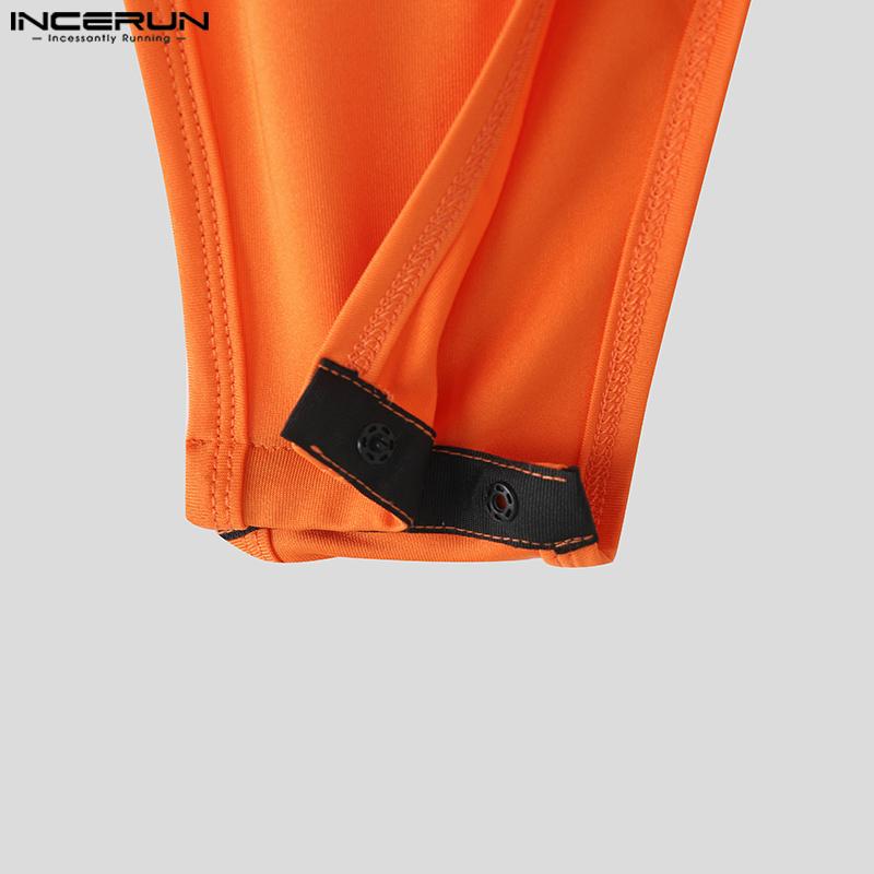 INCERUN Men Sleeveless Deep U Neck Mesh Patchwork Bodysuits Jumpsuits Rompers