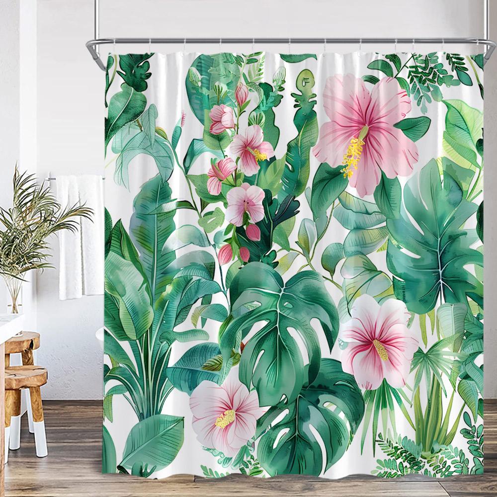 Tropical Leaf Shower Curtain Green Leaves Tropics Jungle Flower Floral Bathroom Decor Plants Polyester Bathtub Curtain with Hook