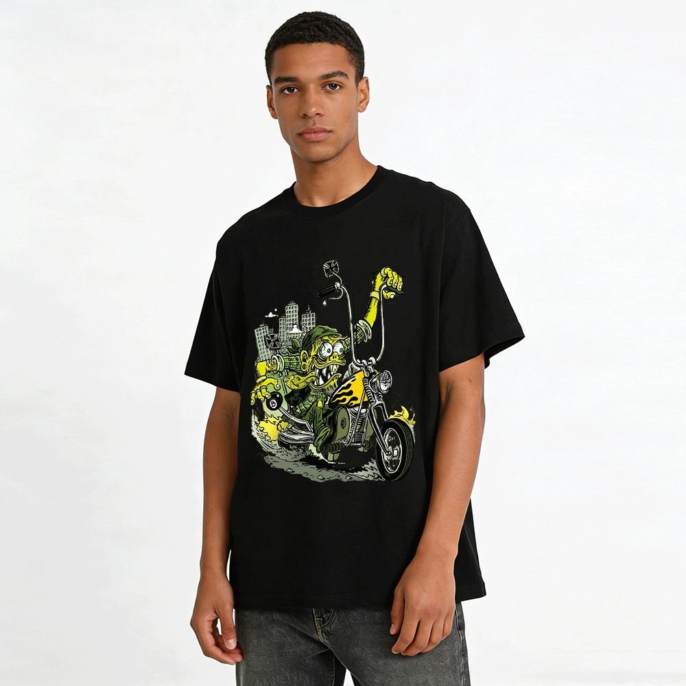 Weird Green Biker Monster City Ride Print Cool Casual T-Shirt Pure cotton T-shirt
