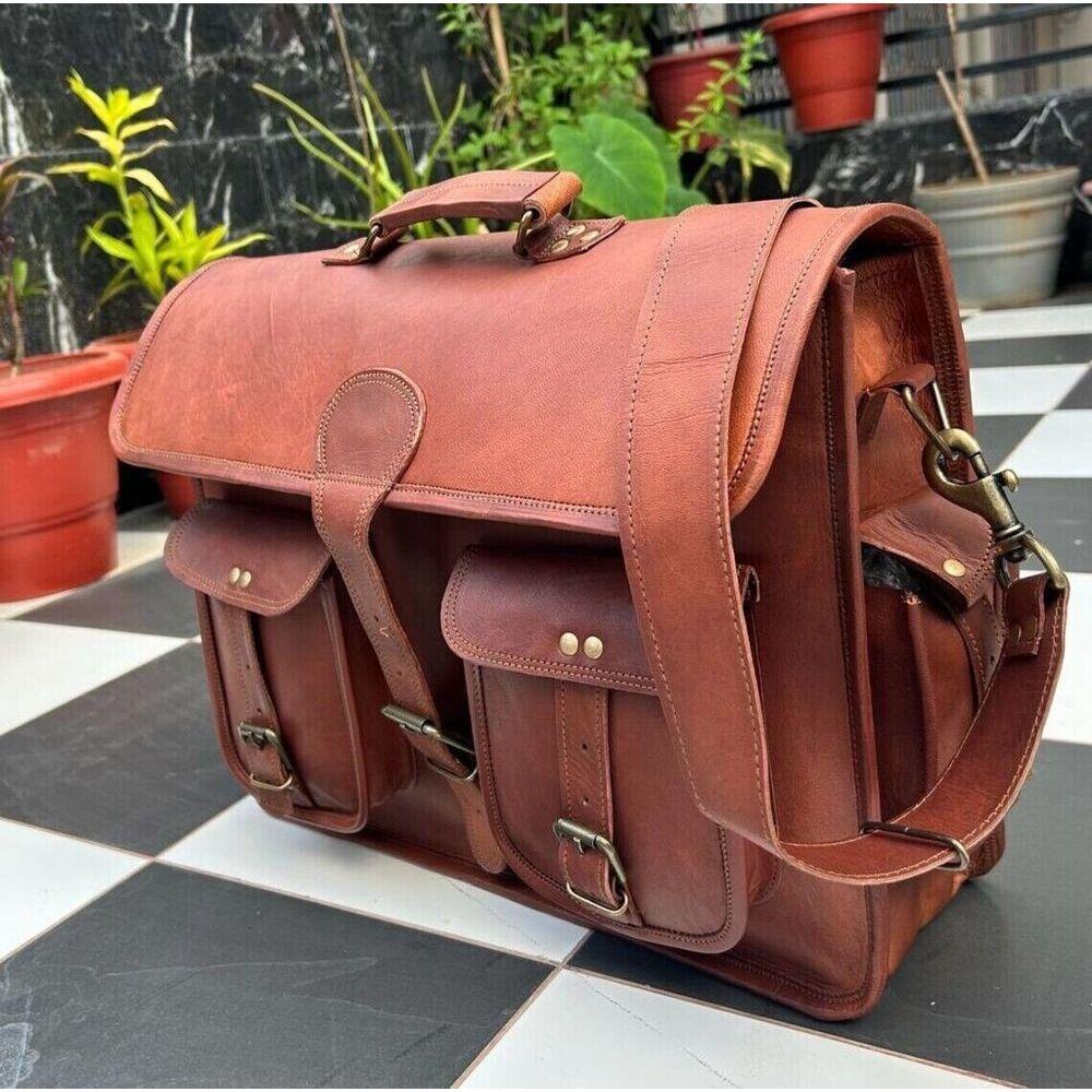 New Shoulder Handmade Men's Goat Leather Messenger Laptop Bag Genuine