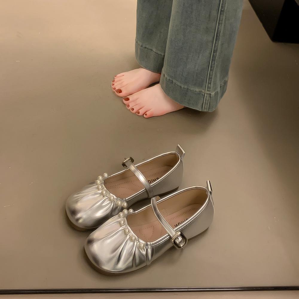 French Mary Jane Shoes Girl 2025 Autumn New Pearl Fairy Night Evening Wind Large Size Soft Sole Ballet Grandma Shoes