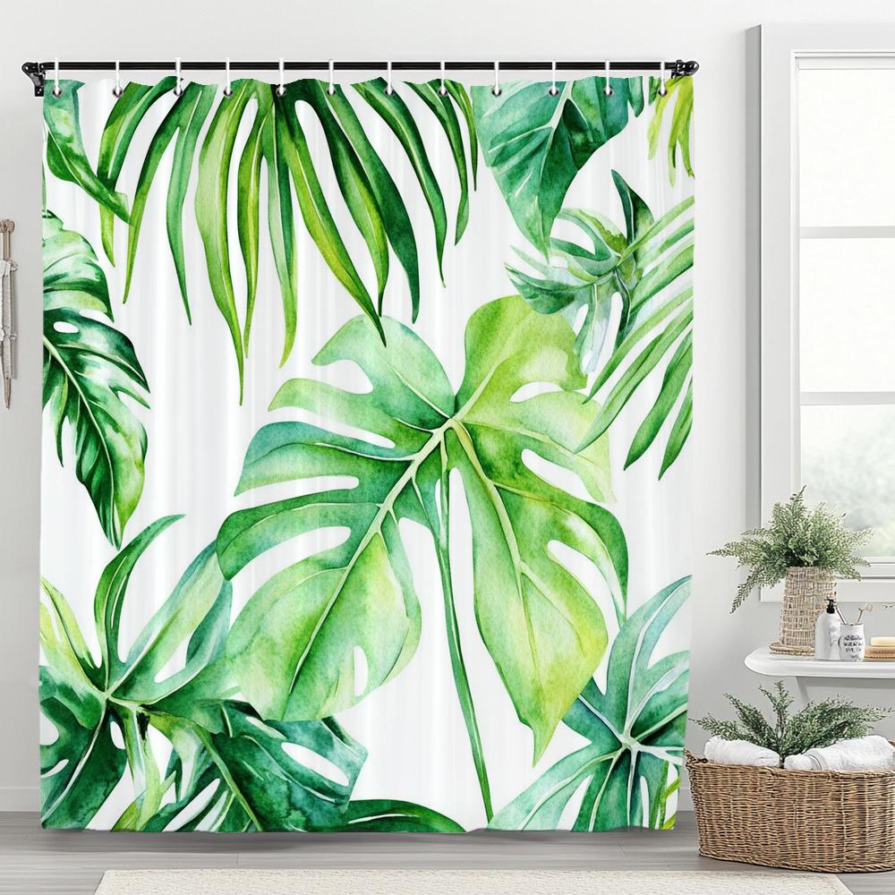Tropical Plant Leaves Shower Curtain for Bathroom Romantic Wildflower Plants Nature Scenery Decorative Curtain Set with Hooks