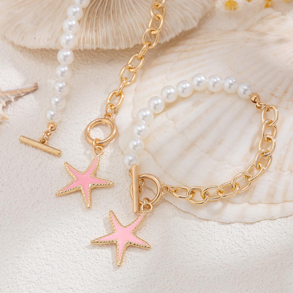 European and American accessories Ocean style colorful starfish pendant necklace Beach vacation asymmetrical imitation pearl necklace