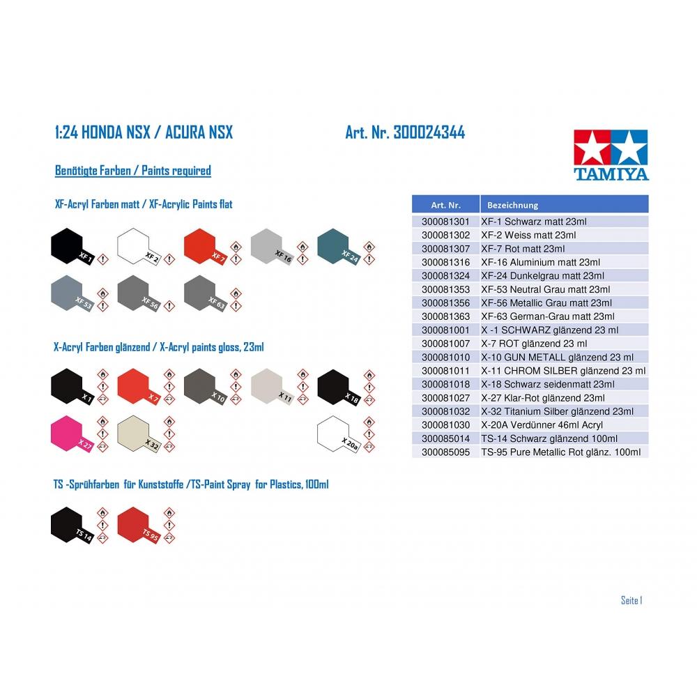 Tamiya 124 Sports Car Series No.344 Honda NSX Plastic Model 24344