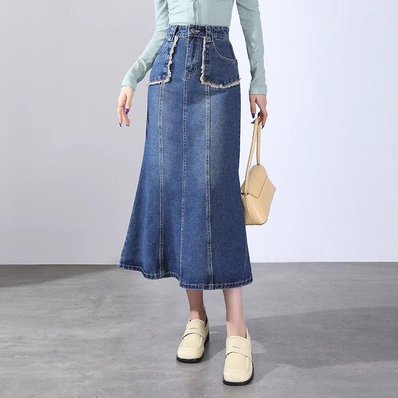 High Waist Tassel Raw Edge Denim A-Line Midi Skirt - Spring 2025 Collection