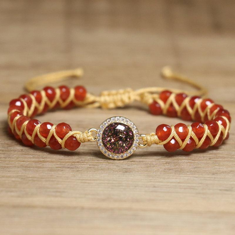 Red Impression Jasper Braided Bracelet – Opal & Crystal Accent Boho Jewelry, Passion Vitality Gift for Women