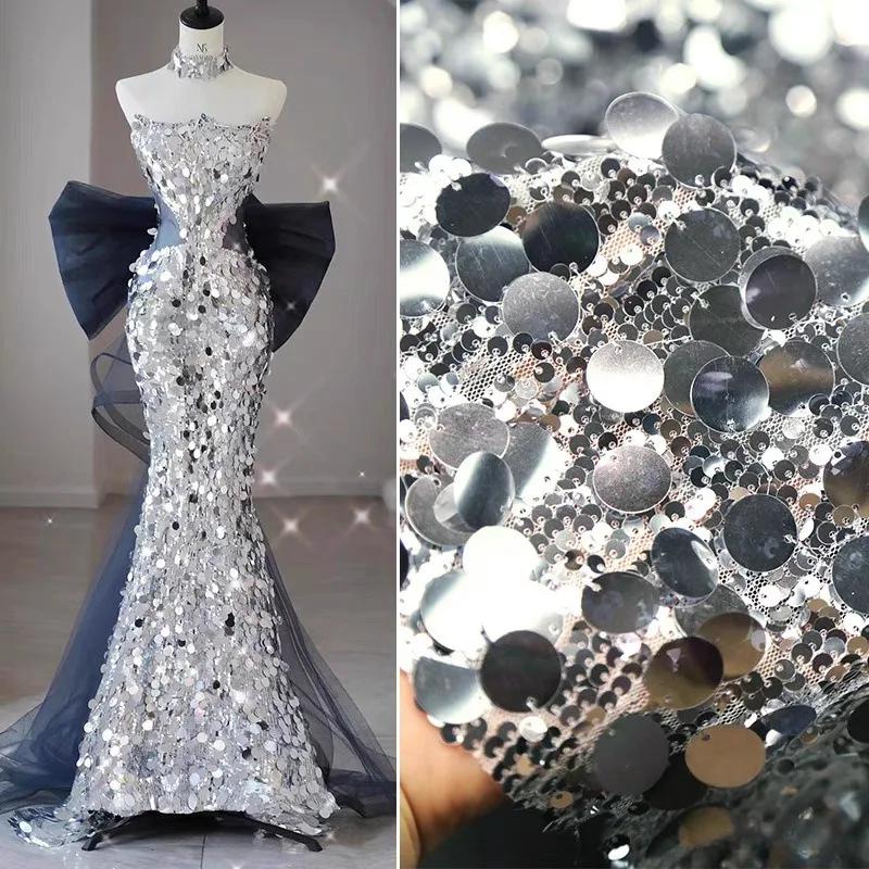 1yards 5+18mm Silver Shiny Beaded Fabric for DIY Sewing Stage & Costume Dress Background Clothing Supplies Handmade DIY Etc.