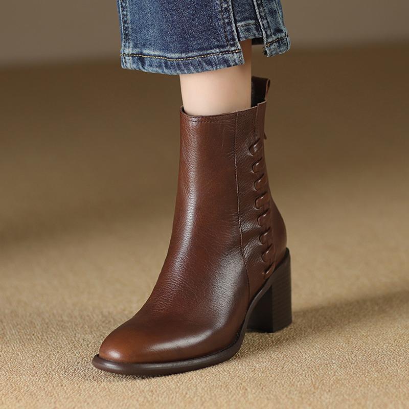 Fashion 2024 NEW Autumn Women Boots Genuine Leather Shoes for Women Round Toe Chunky Heel Zipper Modern Boots Handmade Short Boots