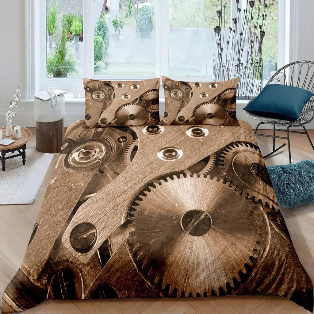 Ndustrial Gear Duvet Cover Set Queen Size Steampunk Style Locks Comforter Cover Boys Men Mechanical Device Polyester Bedding Set