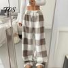 Warm Winter Pajamas for Women Plaid Wide Leg Pants, Drawstring High Waist Thick Coral Fleece Cozy House Pants Loungewear, Anti-Pilling Casual