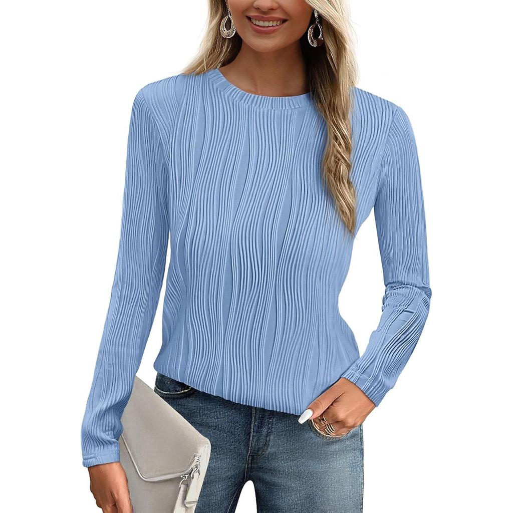 Women's Fashion Round Neck Long Sleeve T-Shirt Solid Color Textured Bottom Top
