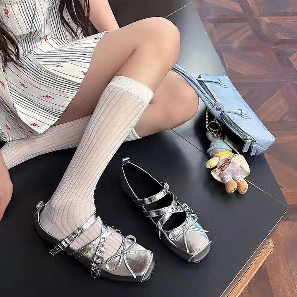 Spring and summer new silver bow ballet shoes femininity cross strap versatile Mary Jane shoes