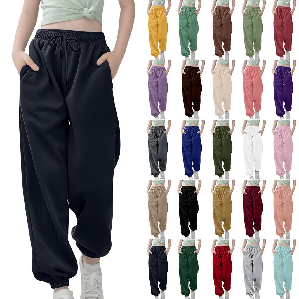 Dětská móda Jednobarevné Sportovní Volné a Všestranné Pánské a Dámské Střední a Velké Dětské Ležérní Kalhoty se Stahovací Šňůrkou a Elastickým Pasem