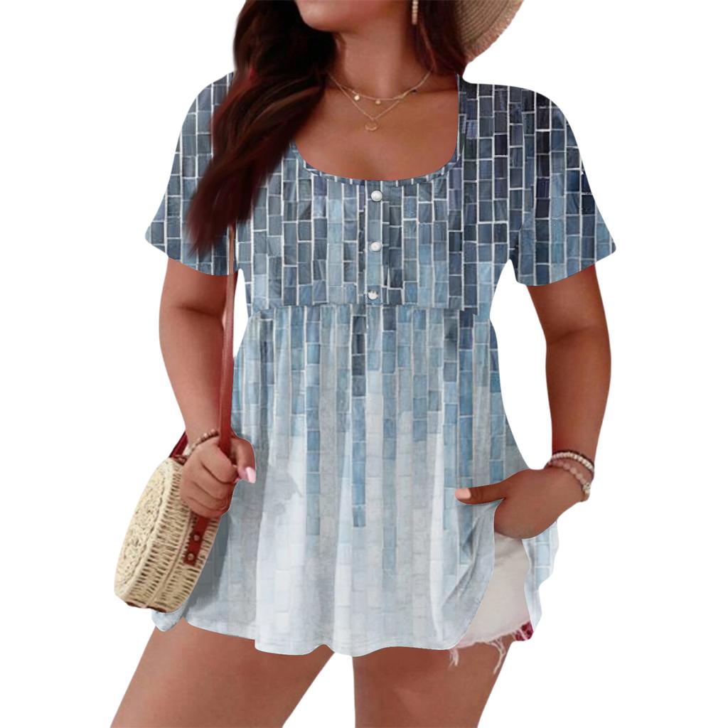 Women's Fashionable Casual Short Sleeve Loose Fit Button Front Printed Blouse
