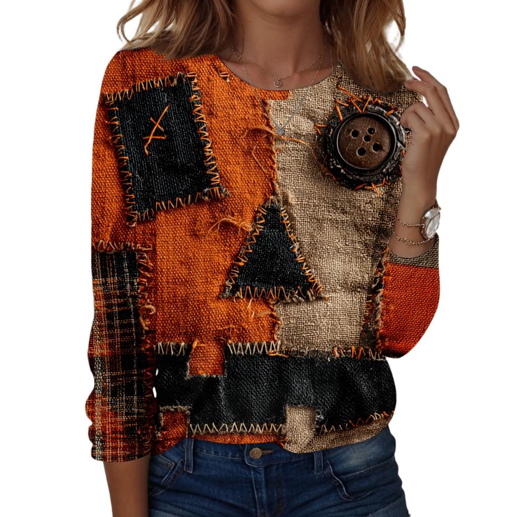 Women's Halloween Long Sleeve Printed Crewneck T-Shirt, Casual Fall Top