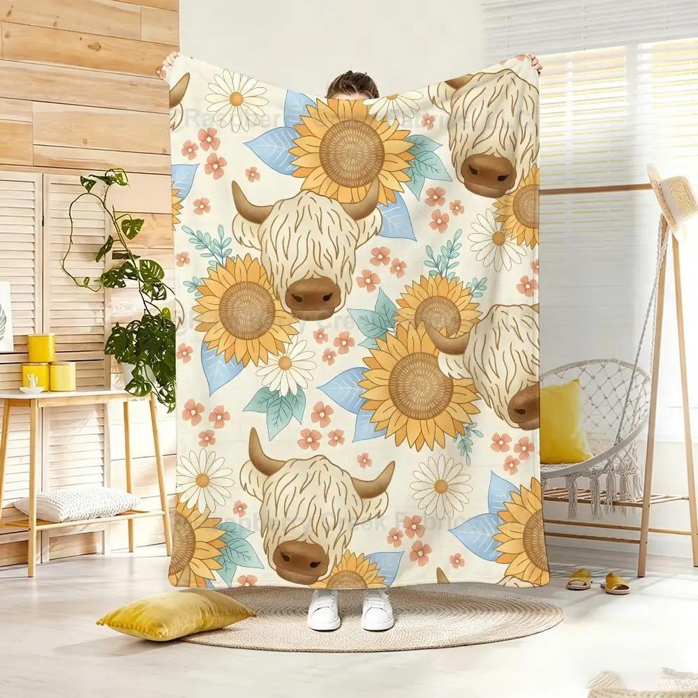 Cute Cartoon Highland Cow Throw Lightweight  Flannel Blanket Soft Skin-Friendly For Summer Cooling