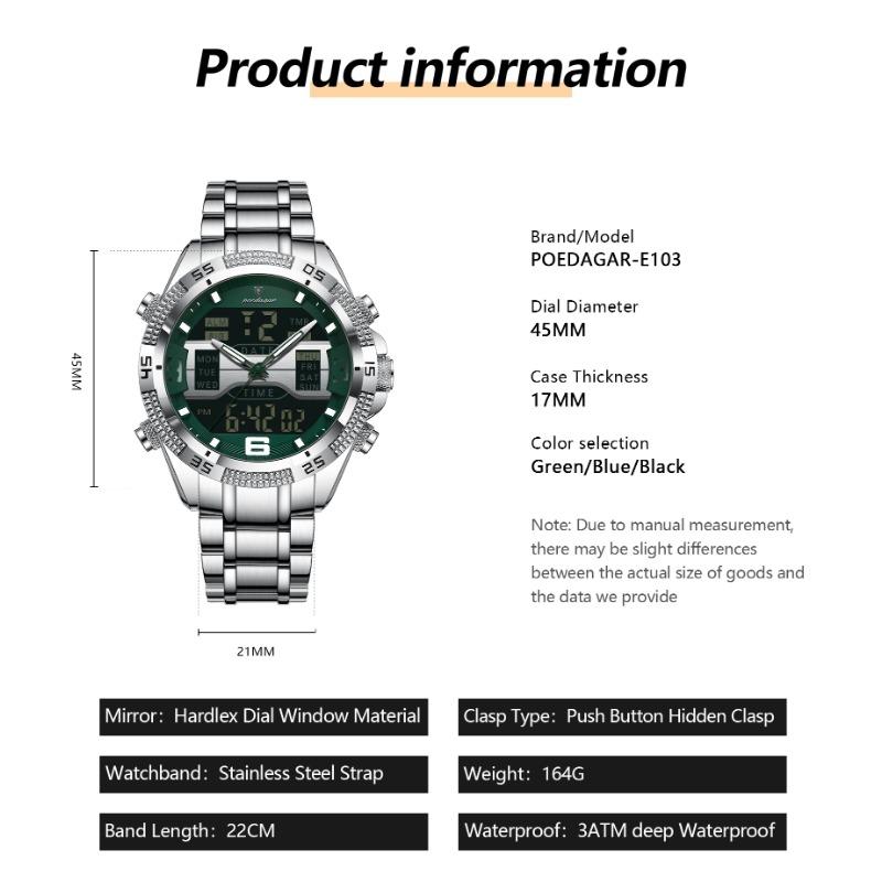 POEDAGAR Sports Luxury Man Wristwatch Dual Time Display Digital Week Date LED Luminous Men Watch Electronic Quartz Watches
