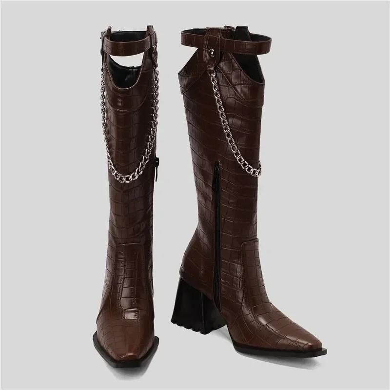 Winter Women Western Knee High Boots Yellow Brown Croc Block Heels Club Party Square Toe Vintage Buckle Chain Lady Cowboy Boots
