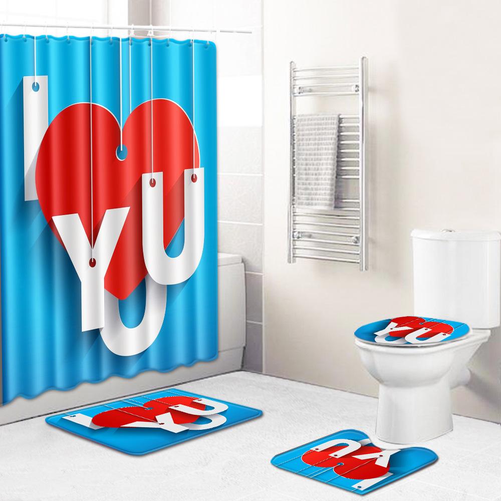 Valentine'S Day Toilet Shower Curtain Four-Piece Printed Floor Mat Set Bathroom Floor Mat Bedroom Absorbent Door Mat Carpet