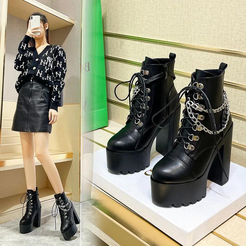 Fashion Women Shoes Boots Black Dark Cool Thick Bottom Platform Harajuku Shoes With Metal Chain Gothic Punk Girls Shoes Footwear