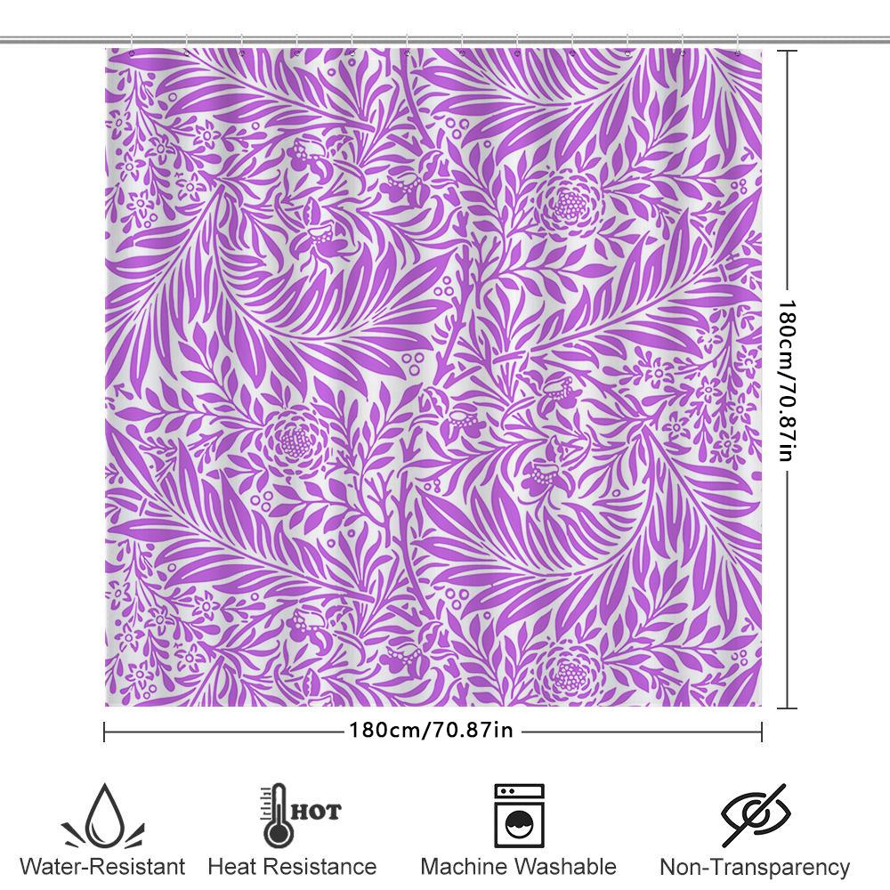 Purple Floral Leaf Shower Curtain Decor Waterproof Home Bath Mat Privacy Protection 240X180Cm (White)
