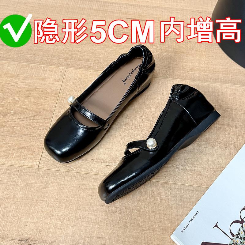 Inner heightening French single shoes women's round head flat bottom spring and summer shallow mouth Mary Jane shoes late evening breeze simple soft l