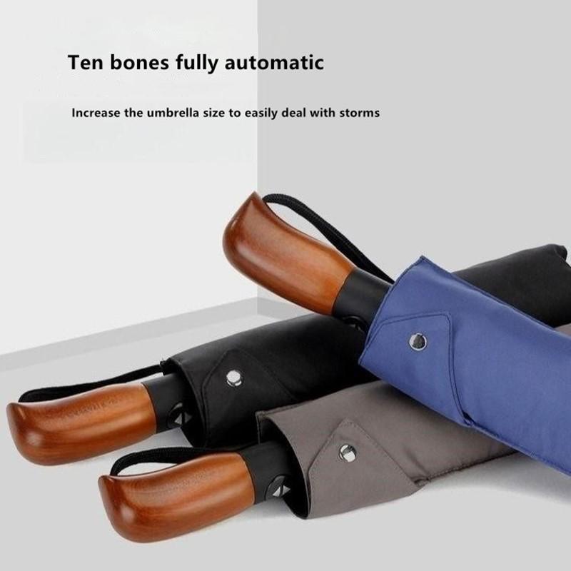 Fully Automatic Ten-rib Tri-fold Wooden Handle Umbrella Enlarged Windproof Rainproof Business Gift Advertising Umbrella
