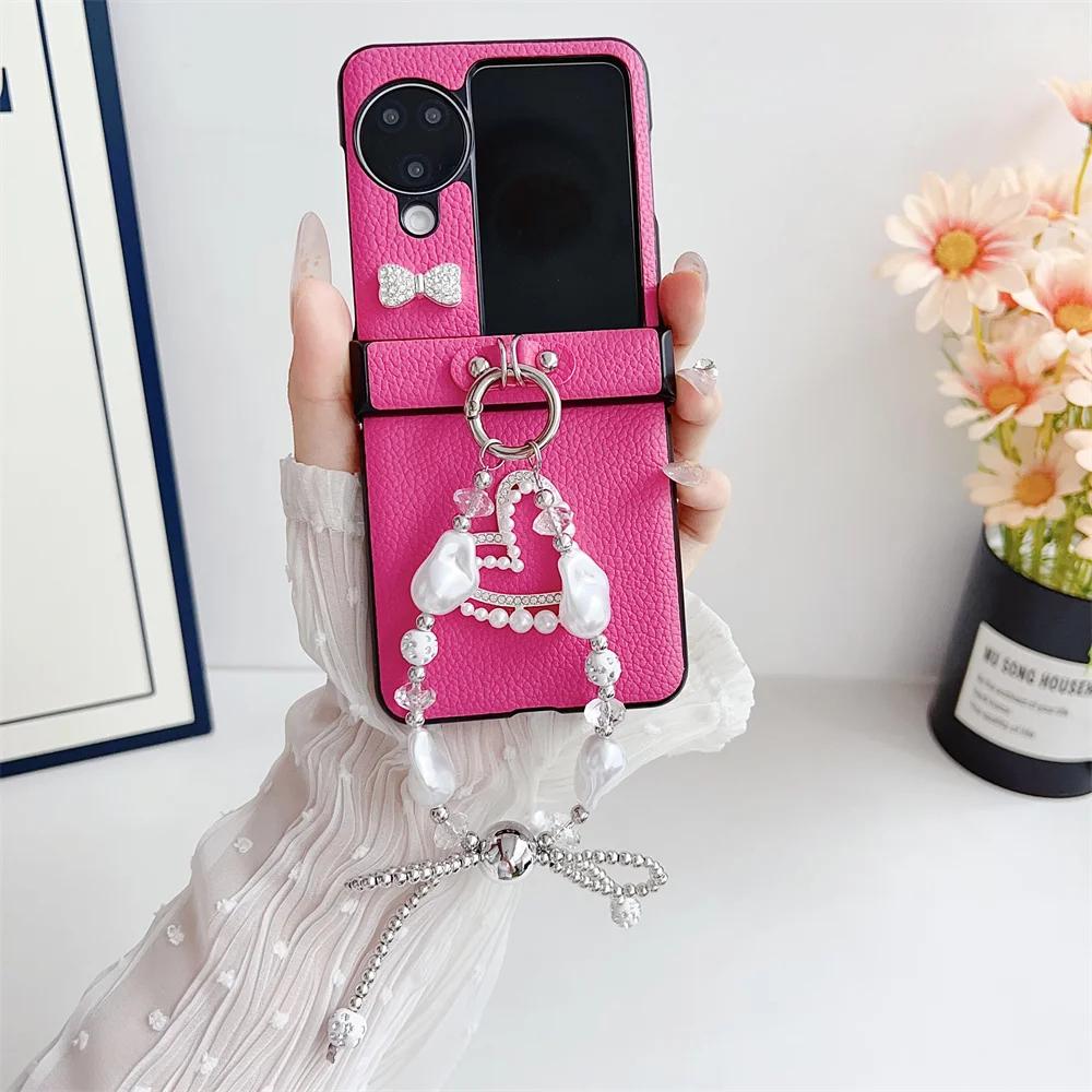 

Кожаный ремешок на запястье с бусинами и бабочкой Чехол для телефона для OPPO Find N3 N2 Flip N3flip N2flip 5G Оболочка Жесткий Противоударный Защитный чехол OPPO Find N2 Flip ярко-розовый
