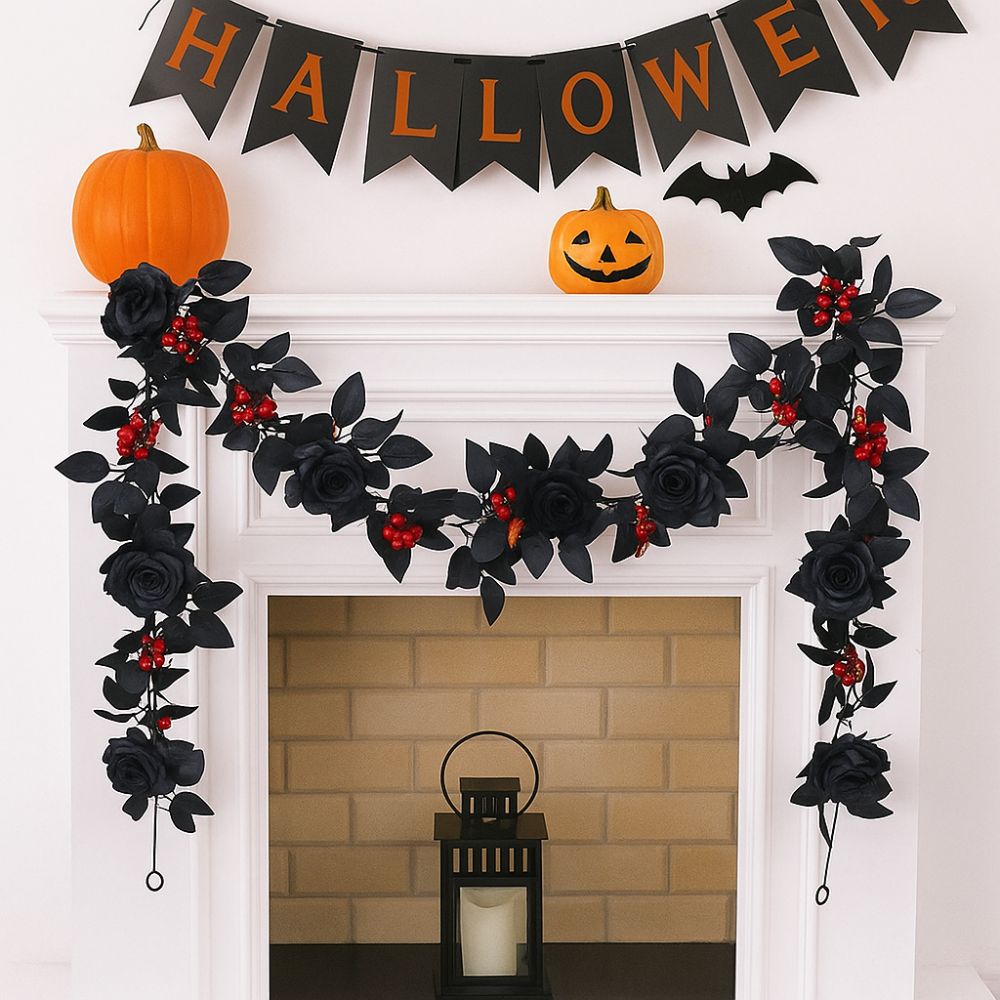 Black Halloween Rose Leaf Vines Simulated Flowers Halloween Garland  Home Decor