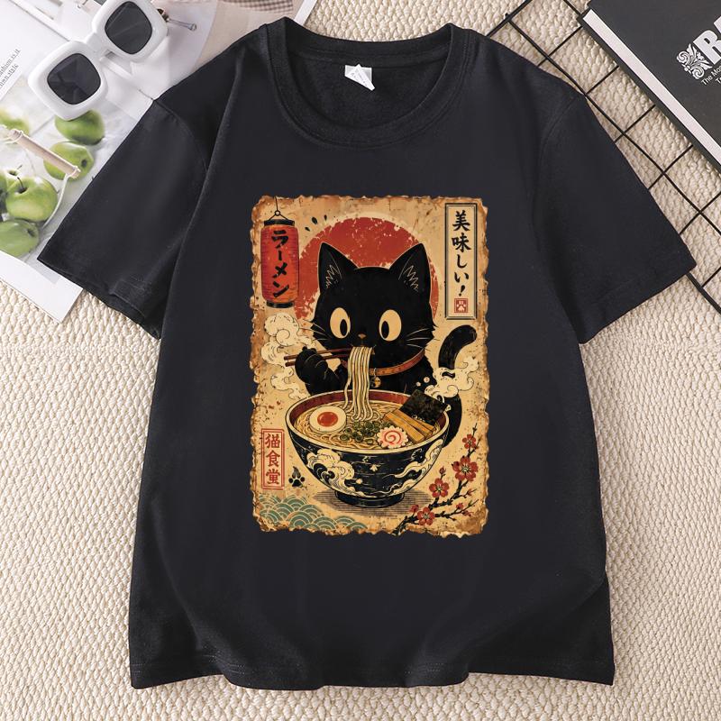 Raunisex Cat T Shirt Black Cat Noodles Tee Japanese Food Tshirt Unisex Unisex Round Neck Print Fashion TShirt Streetwear Clothes