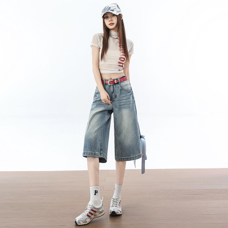 Fashion Summer Loose Straight Blue Denim Cropped Capri Pants Versatile Slimming Minimalist Daily Essential