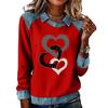 Women's Fashion Flared Long Sleeve Denim Patchwork Sweatshirt Valentine's Day Print Casual Pullover Top